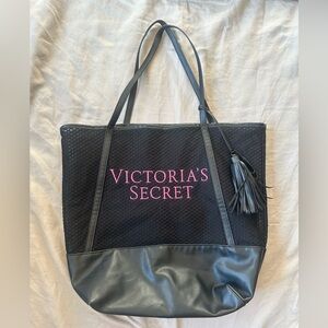 Victoria’s Secret Black Mesh Tote Bag Pink Logo Tassel Beach Gym Y2K Chic